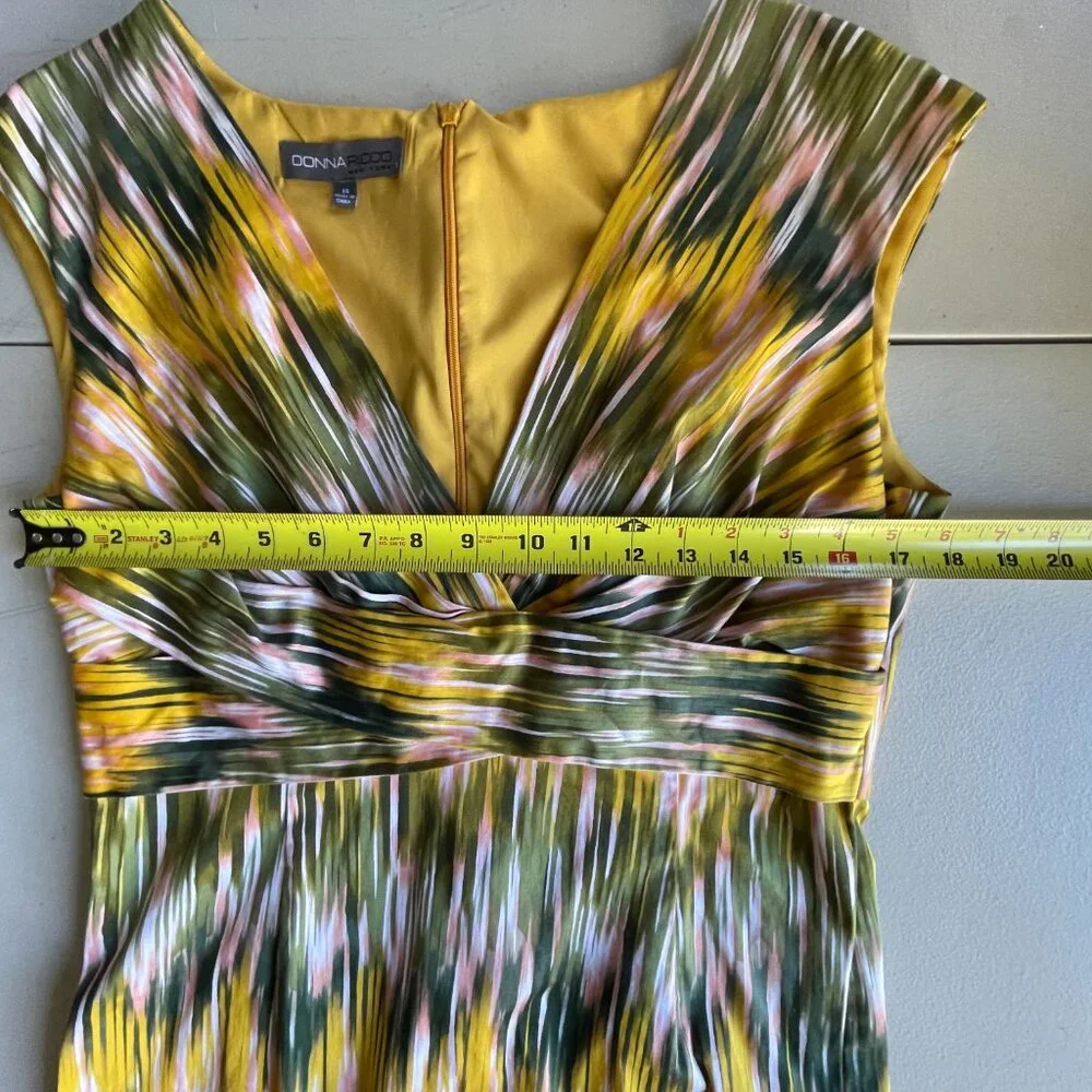 Ikat Print Donna Ricco Cotton Blend Yellow Green Sheath Dress 14
